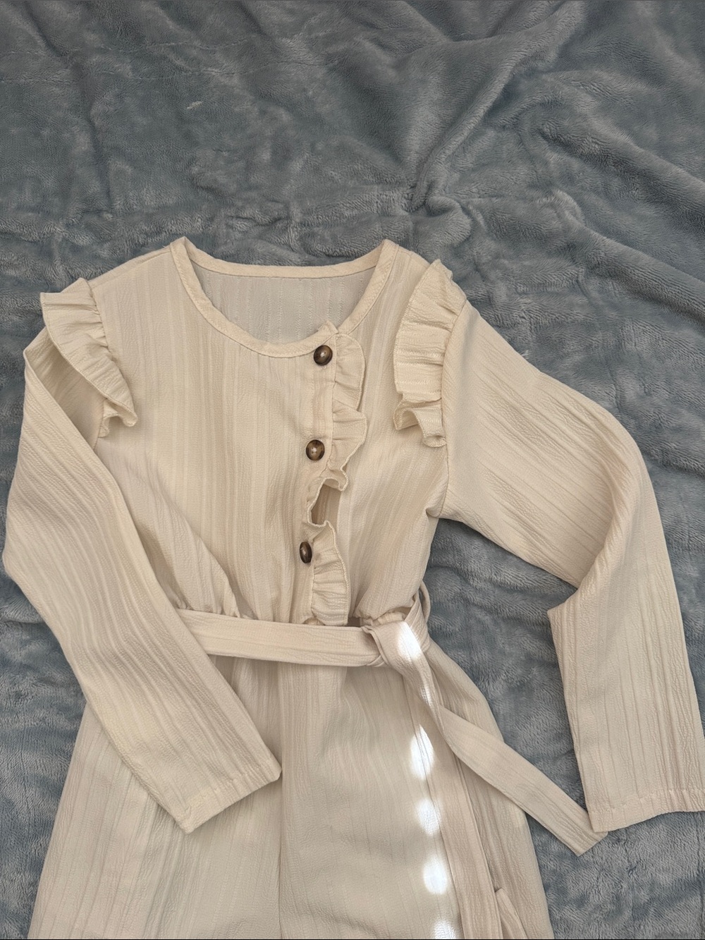 Girls Cream Ruffled Button Jumpsuit - Picture 2 of 4